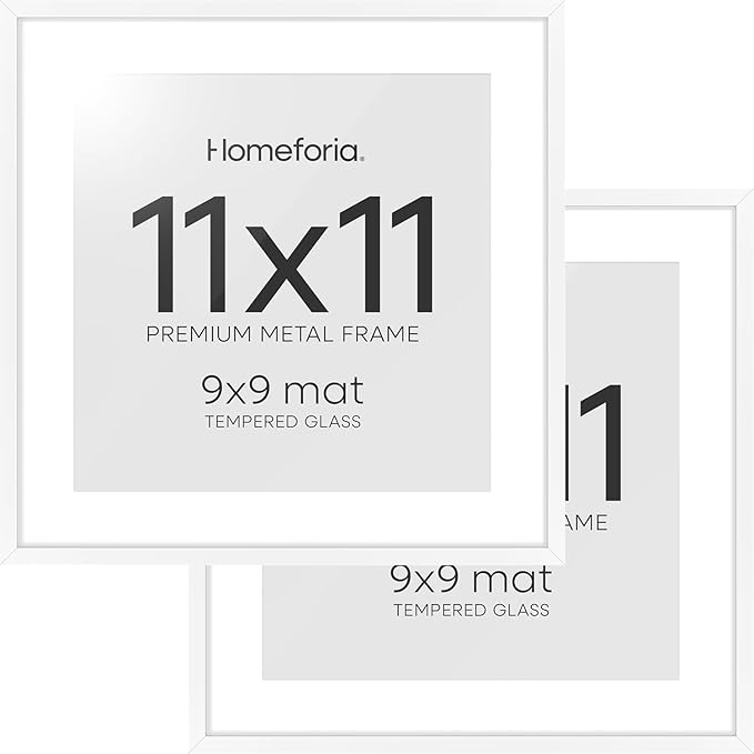 Homeforia 11x11 Picture Frame White, High End Metal 11 by 11 Square Frames with Mat 9 x 9 Opening, 11by11 Poster Frames Matted to 9x9 inch Photo, Wall Hanging Frame, Tempered Glass, Wall Kit, Set of 2