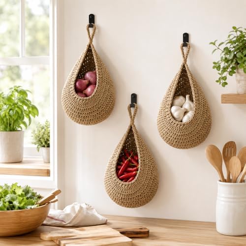 Hanging Fruit Baskets for Kitchen, 3 Pack Handwoven Wall Baskets - Image 7