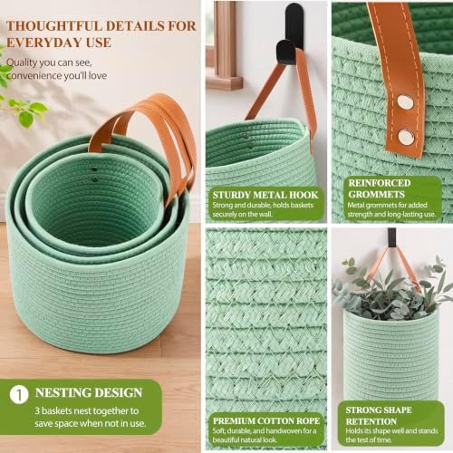 Honeydak 3 Hanging Baskets, Sage Green, Cotton Rope - Image 4