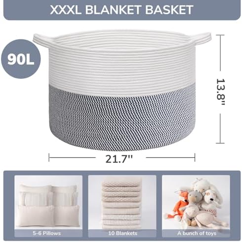 INDRESSME XXXLarge Woven Rope Blanket Basket Living Room Navy - Image 3