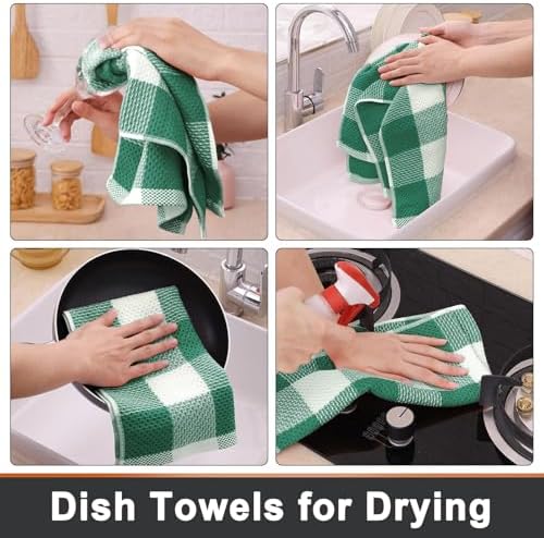 Mordimy Cotton Waffle Kitchen Towels, 4 Pack, Dark Green & White - Image 4