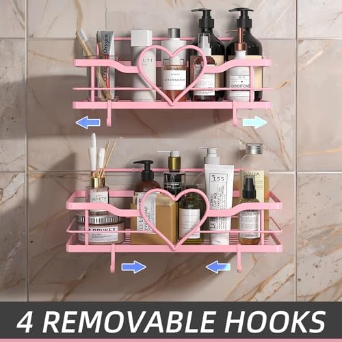 Pink Shower Caddy with 4 Removable Hooks, 2 Pack Sweet Heart Shower Shelves - Image 4