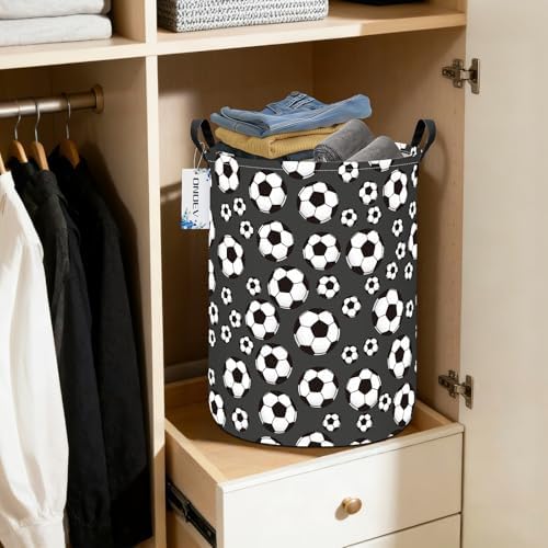 Round Soccer Ball Print Laundry Hamper, Cotton Canvas Storage Bin - Image 5