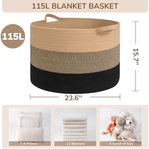 INDRESSME 115L Extra Large Woven Rope Blanket Basket Living Room - Image 2
