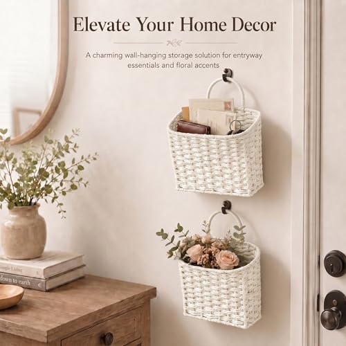 Coeusy Set of 2 Wicker Hanging Basket, Paper Roper Wall Basket - Image 2