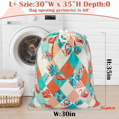 Canvas Laundry Bag with Handles & Drawstring 30"Wx35"H, L+ Pink Flamingo - Image 4