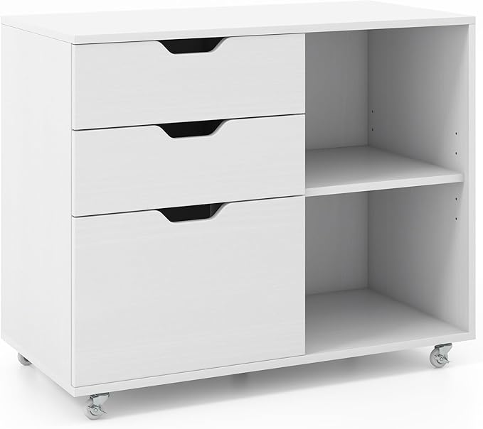 File Cabinet, Mobile Filing Cabinet w/Universal Wheels & 3 Drawers, Wood Printer Stand with Storage, Rolling File Cabinets for Home Office, Living Room, Bedroom (White, 3 Drawers)