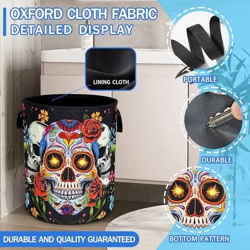 Sugar Skull Skeleton Laundry Basket Foldable Oxford Cloth 18.9 x 16.5 Inch - Image 2