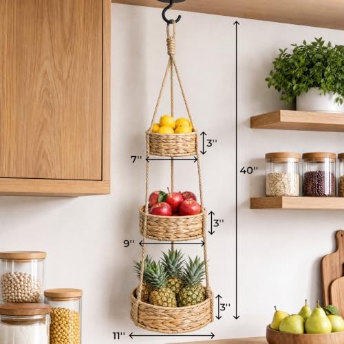 3 Tier Hanging Fruit Basket, Metal Frame - Image 2