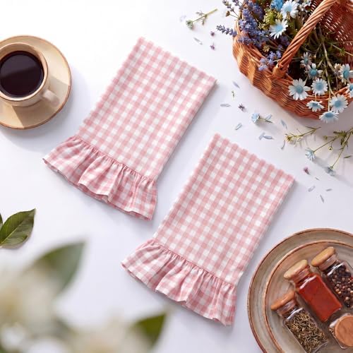 HunnmingRe 2 Pcs Light Pink Gingham Kitchen Towels Cotton Ruffled - Image 3