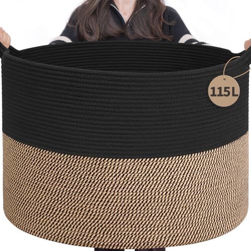 INDRESSME 115L Extra Large Woven Rope Blanket Basket Living Room, Mix Black by INDRESSME