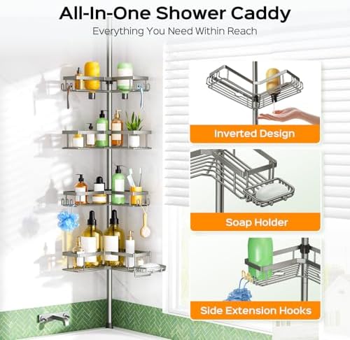 HAMITOR Shower Organizer Tension Pole: 4 Tier L-Shaped Corner Bath Shelf - Image 6