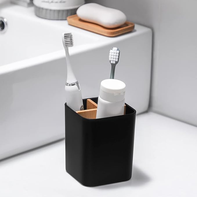 Bamboo Toothbrush Holder for Bathrooms Toothpaste Organizer, 2 Pack, 3 Slots - Image 2