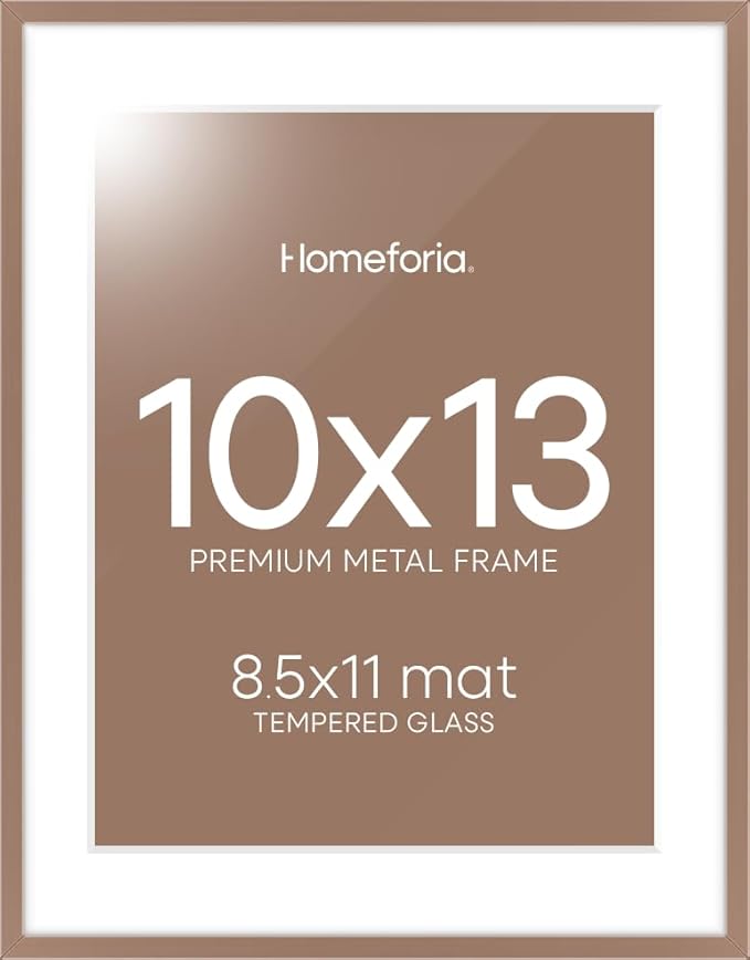 Homeforia 10x13 Picture Frame Mocha, High End Metal 10x13 Poster Frames with Mat for 8.5x11, 10 x 13 Mocha Frames Matted to 8.5 x 11 inch Photo, 10by13 Hanging Frames, Tempered Glass, Wall Kit, Set of 1