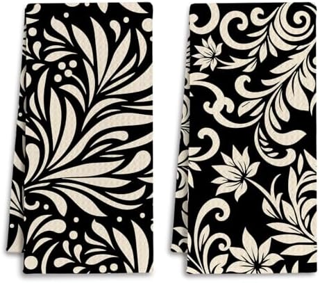 Abstract Black and White Kitchen Towels, Art Deco Nouveau Floral Dish Tea Towels by Unknown