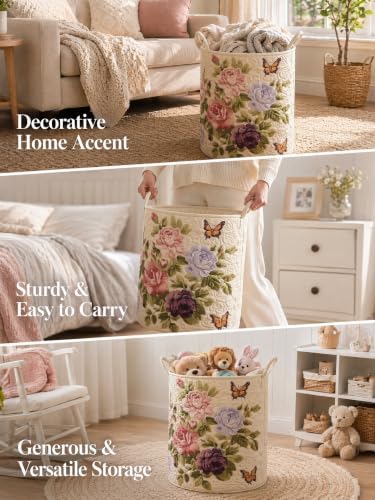 Quilted Laundry Basket with Handles, Boho Floral Quilted Storage Hamper - Image 6