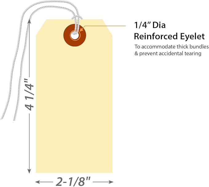 SmartSign Blank Shipping Tags with Pre-Attached Loop Strings, Size-4, Pack of 1000, 10pt Thick Manila Cardstock Tag, 4.25 x 2.125 inch Paper Hang Tags with Reinforced Fiber Patch