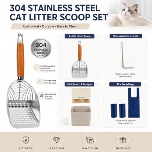 Cat Litter Scoop with Holder, 4‑in‑1 304 Stainless Steel Rust‑Proof Litter - Image 7