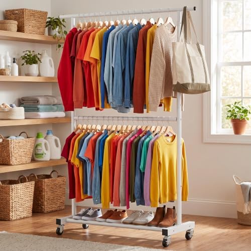Sywhitta Double Rod Metal Clothing Garment Rack on Wheels - Image 3