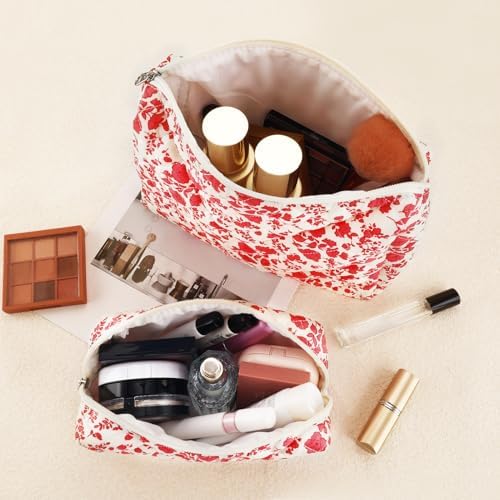 2Pcs Quilted Makeup Bag Set Flower Cute Pencil Case Large Small Travel Makeup - Image 2