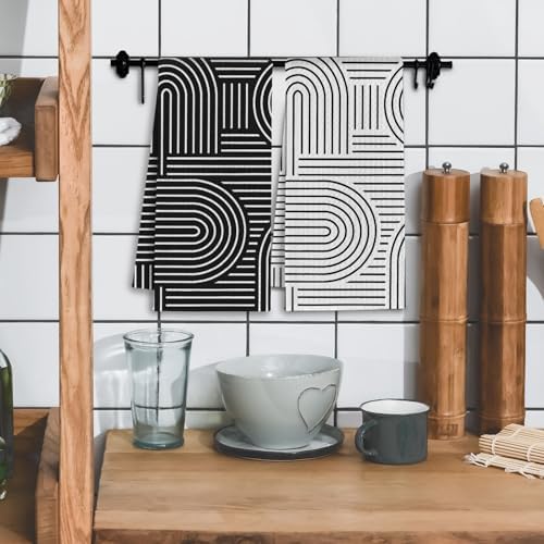 Abstract Boho Black and White Kitchen Towels, Minimalist Contemporary Dish Tea - Image 2