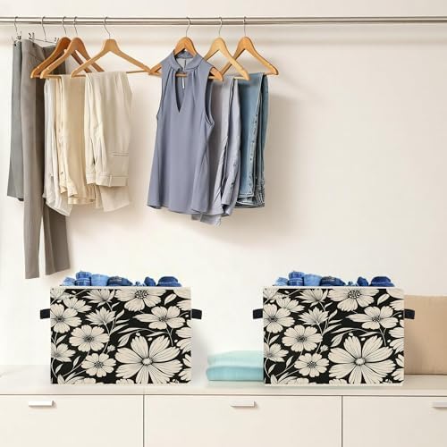 Black and White Floral Storage Box Bins, Vintage Botanical Daisy Flower - Image 4