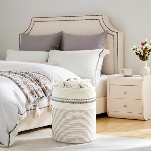 VIPOSCO 53L Tall Woven Laundry Basket Hamper, Stripe White - Image 4
