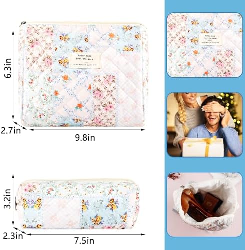 2Pcs Quilted Cotton Makeup Bag Large Travel Makeup Pouch Small Brush Holder Set - Image 2