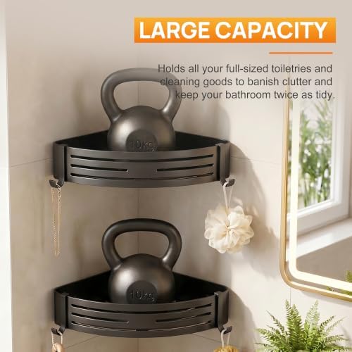Black Adhesive Corner Shower Caddy 2-Pack, Triangular Shelves - Image 6