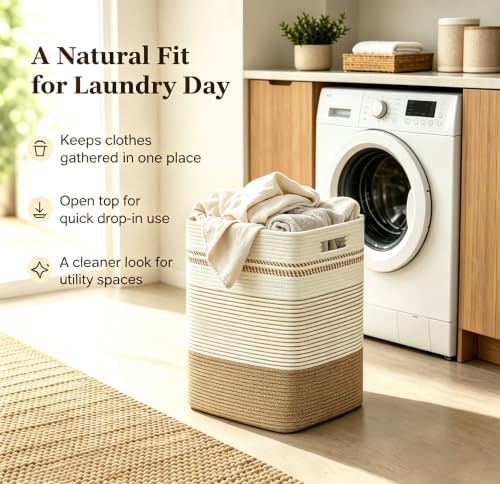 Rectangular Cotton Rope Laundry Hamper 60L Foldable Basket - Image 4