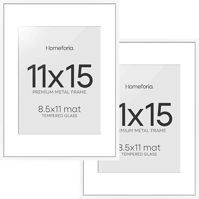 Homeforia 11x15 Picture Frame White, High End Metal 11x15 Poster Frames with Mat for 8.5x11, 11 x 15 White Frames Matted to 8.5 x 11 inch Photo, 11by15 Hanging Frames, Tempered Glass, Wall Kit, Set of 2