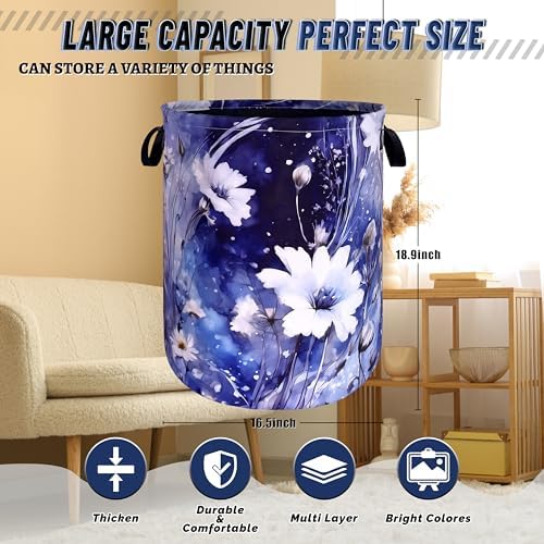 Blue Daisy Floral Laundry Basket Oxford Cloth Foldable Hamper 18.9x16.5 In - Image 3