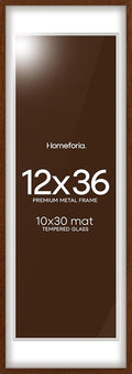 Homeforia 12x36 Picture Frame Brown, High End Dark Oak 12x36 Walnut Wood Poster Frame with Mat 10x30 Art, 12 x 36 Wooden Frame Matted to 10 x 30 Photo, 36x12 Frames, Tempered Glass, Wall Kit, Set of 1