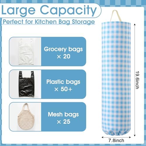 Gingham Plastic Bag Holder for Grocery Bag, Light Blue - Image 2