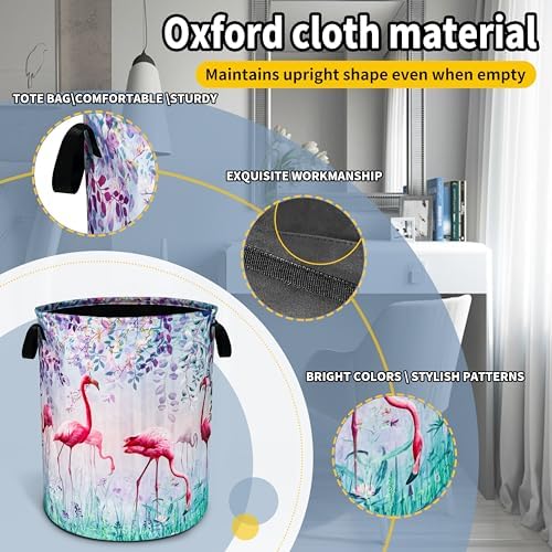 Flamingo Flowers Laundry Basket Foldable Waterproof Hamper 18.9 x 16.5 Inch - Image 3