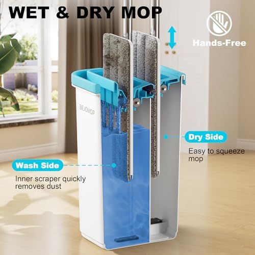 Mop and Bucket Set, Mops for Floor Cleaning Turquoise-Cyan, Squeeze Flat Mop - Image 2