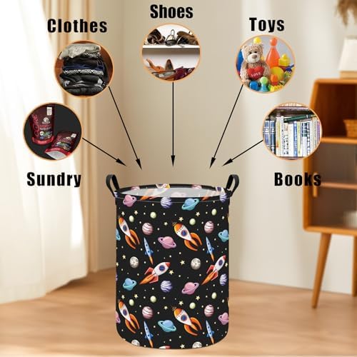 Round Laundry Basket Collapsible Storage Hamper Organizer Planet Rocket - Image 4