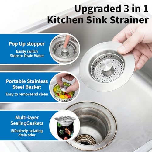 3-in-1 Kitchen Sink Drain Strainer & Sink Stopper 2 Pack : 304 Stainless Steel - Image 3