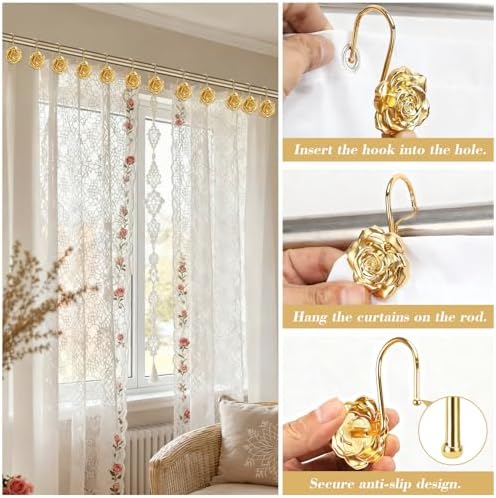 Metal Rose Shower Curtain Hooks, Rust-Resistant Hooks - Image 6