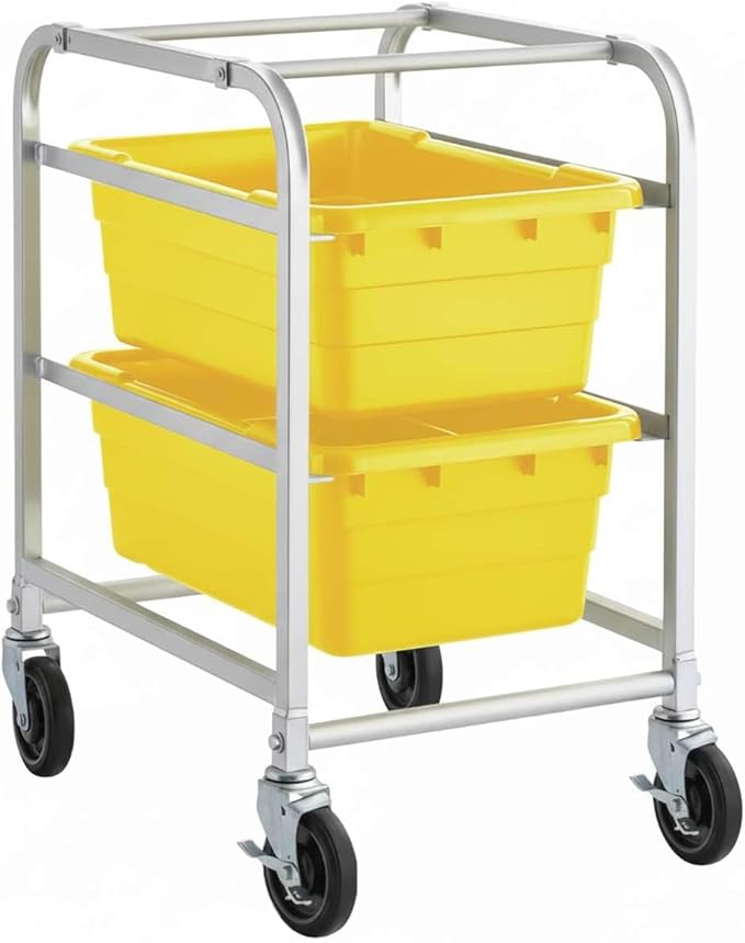 19"x26"x32" Mobile Aluminum Lug Rack with 2 Yellow Meat Lugs / Tote Boxes - NSF Heavy-Duty Commercial Storage Cart, Portable Aluminum Utility Rack with Casters for Kitchen, Restaurant, or Food Prep