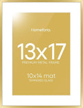 Homeforia 13x17 Picture Frame Gold, High End Metal 13x17 Poster Frames with Mat 10x14 Photo, 13 x 17 Gold Frame Matted to 10 by 14 Print, 17by13 Thin Hanging Frames, Tempered Glass, Wall Kit, Set of 1