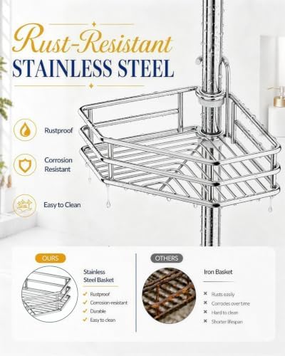 SEIRIONE Corner Shower Caddy Tension Pole, Quick Setup, Rust-Free Bathroom - Image 3