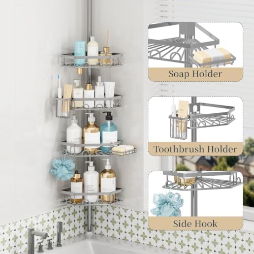 Consumest Shower Caddy Tension Pole, Shower Caddy Corner, 4 Tier - Image 3