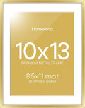 Homeforia 10x13 Picture Frame Gold, High End Metal 10x13 Poster Frames with Mat for 8.5x11, 10 x 13 Gold Frames Matted to 8.5 x 11 inch Photo, 10by13 Hanging Frames, Tempered Glass, Wall Kit, Set of 1