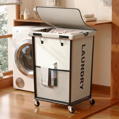 Laundry Hamper with Wheels and Lid, 150L Large Rolling Laundry Basket White by OLLDIDE