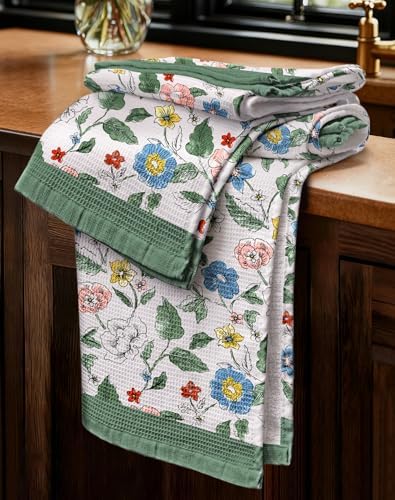Miss Adola 2pcs Cotton Waffle Kitchen Towels, Vibrant Botanical by MissAdola