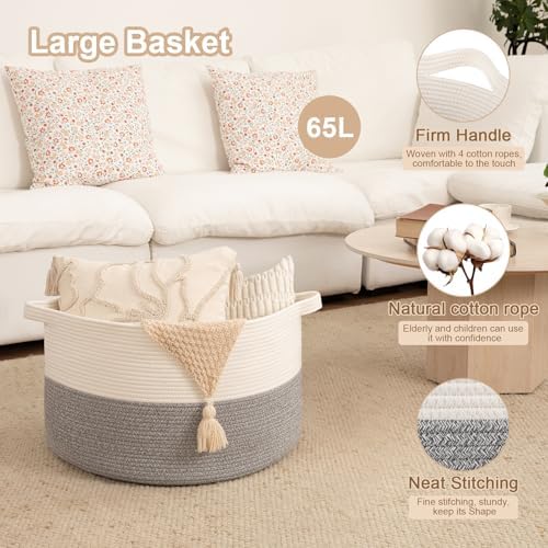 OIAHOMY Large Blanket Basket Living Room Cotton Rope Laundry Basket Grey - Image 4