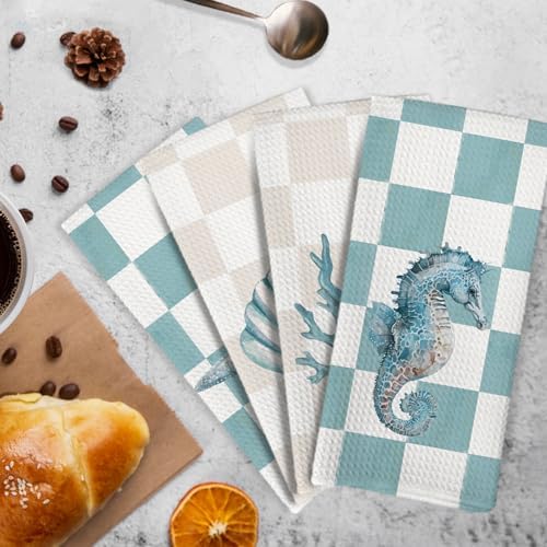 Coastal Beach Kitchen Towels and Dishcloths Set of 4, Preppy Beachy Seahorse - Image 3