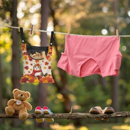 Fall Cat Clothespin Bag Space-Saving Maple Leaf Laundry Hanging Storage - Image 4