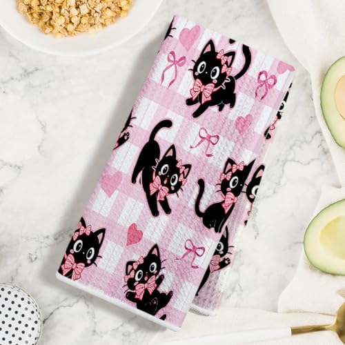 2 Pcs Pink Bow Cat Kitchen Towels 24x14 Inch, Cats Gifts Reuse Hand Towel - Image 3